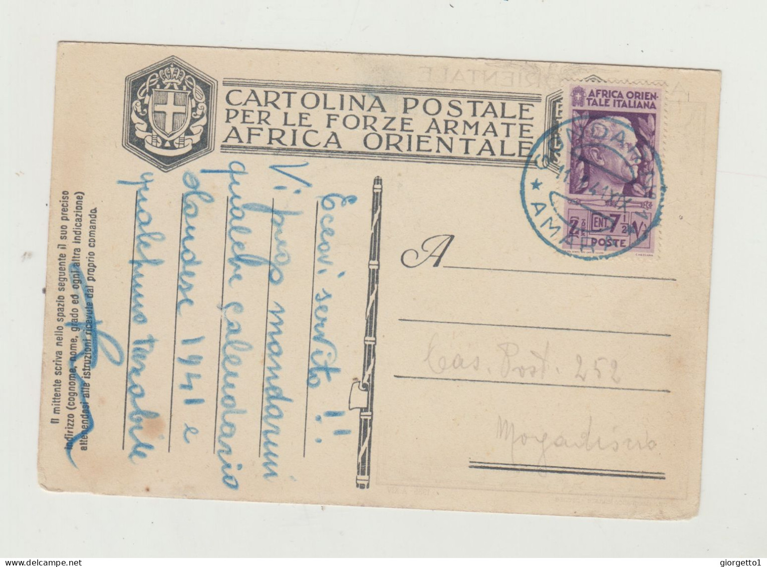 CARTOLINA POSTALE FORZE ARMATE AFRICA ORIENTALE ITALIANA - ANNULLO MOGADISCIO SOMALIA ITALIANA E GONDAR AMARA DEL 1941 - Storia Postale (Posta Aerea)