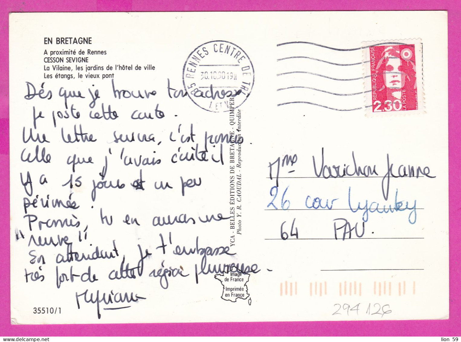 294126 / France - En Bretagne CESSON SEVIGNE 4 View A Proximite De Rennes PC 1990 USED 2.30 Fr. Marianne De Briat - Brieven En Documenten