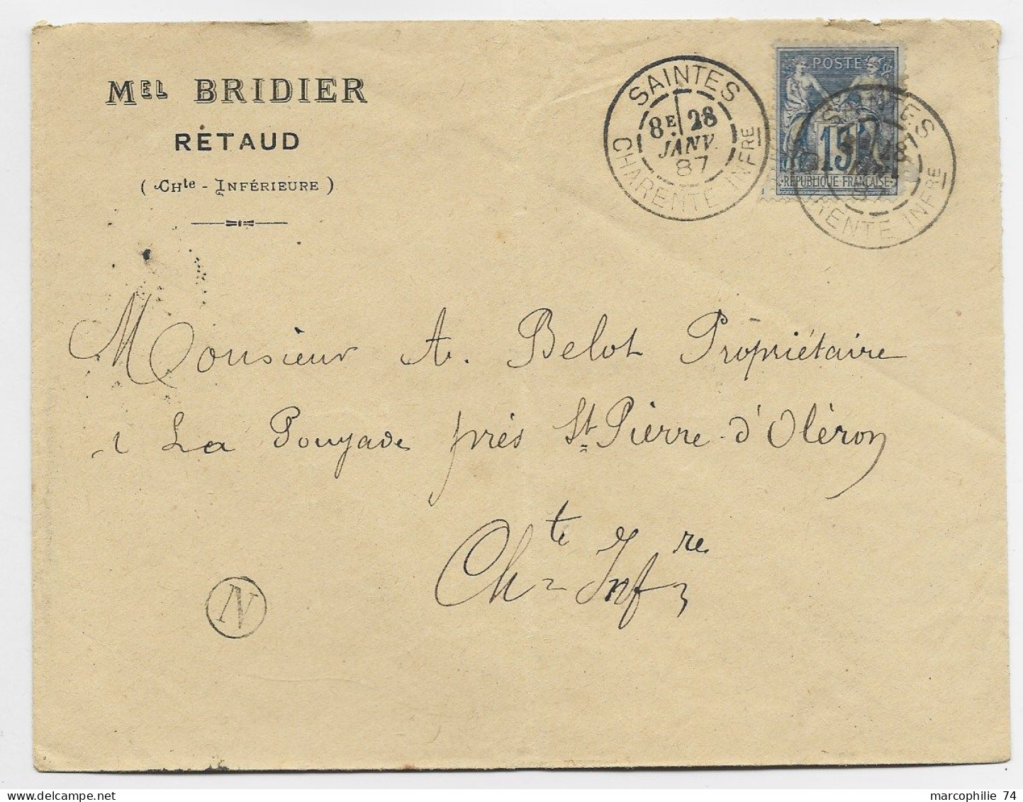 FRANCE SAGE 15C LETTRE TYPE A SAINTES CHARENTE INF 1887 + BOITE N RETAUD - 1877-1920: Periodo Semi Moderno