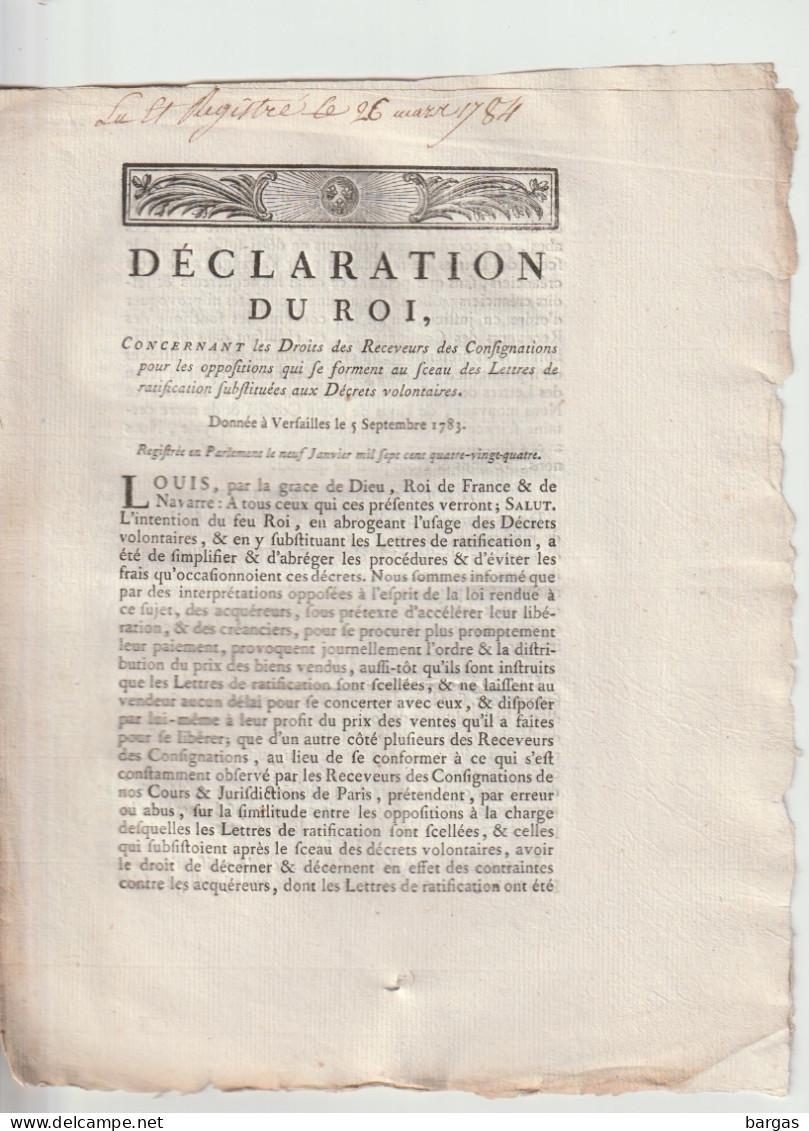 Déclaration Du Roi : Droit Des Receveurs Des Consignations ... - Wetten & Decreten