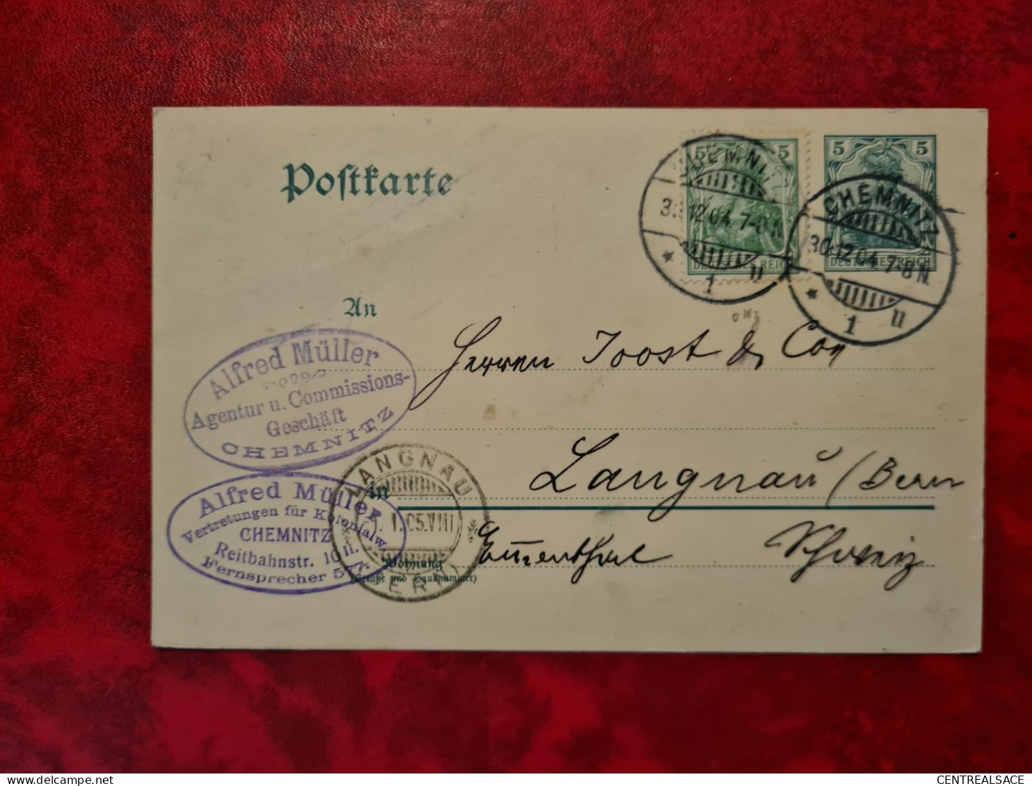 CARTE ENTIER GANZACH CHEMNITZ POUR LANGNAU ENTETE ALFRED MULLER AGENTUR 1904 - Autres & Non Classés