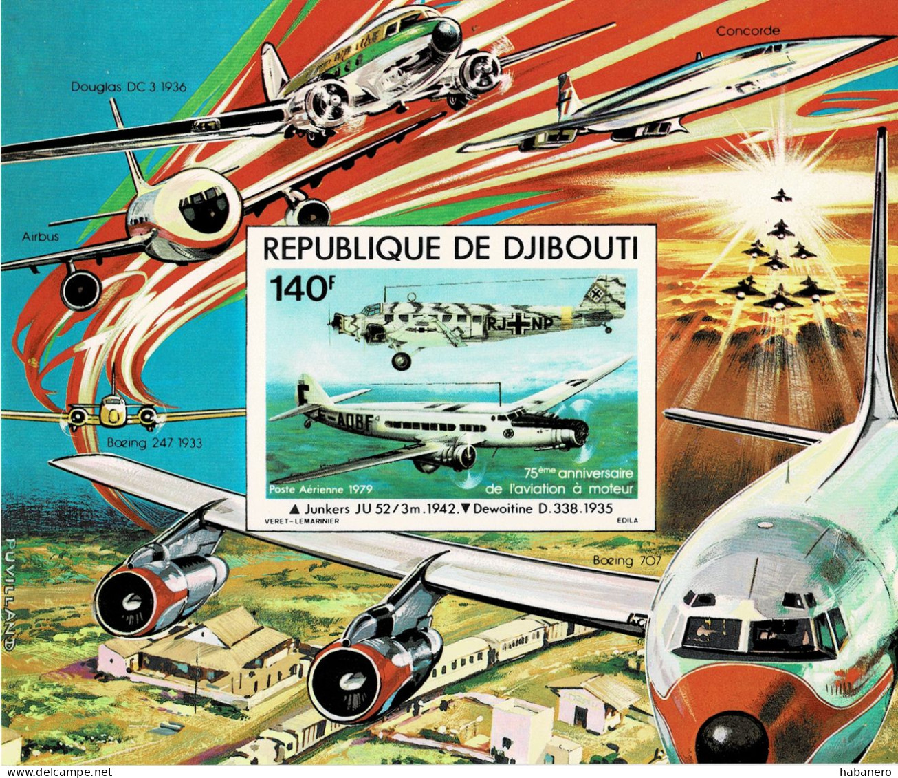 DJIBOUTI 1979 Mi BL 6B 75th ANNIVERSARY OF AIRPLANES MINT IMPERFORATED MINIATURE SHEET ** - Djibouti (1977-...)