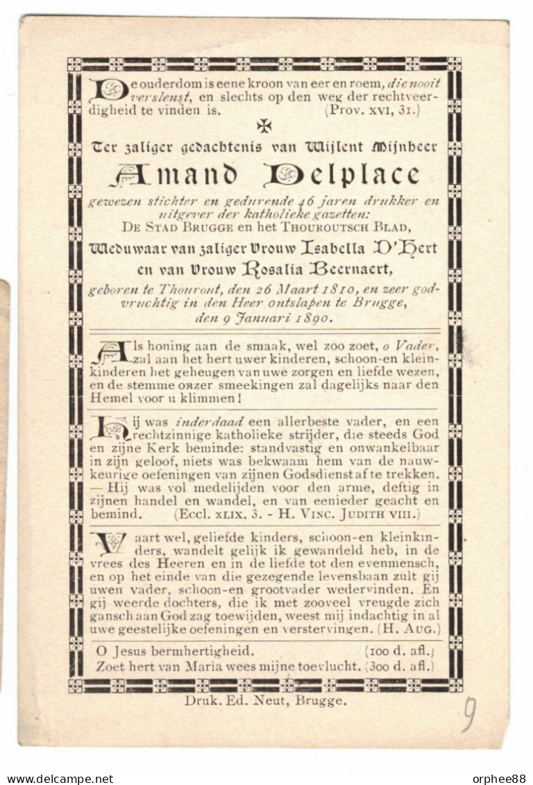 Delplace Amand Drukker De Stad Brugge En Thouroutsch Blad Wed D'Hert En Wed Beernaert Torhout 1810-Brugge 1890, - Décès
