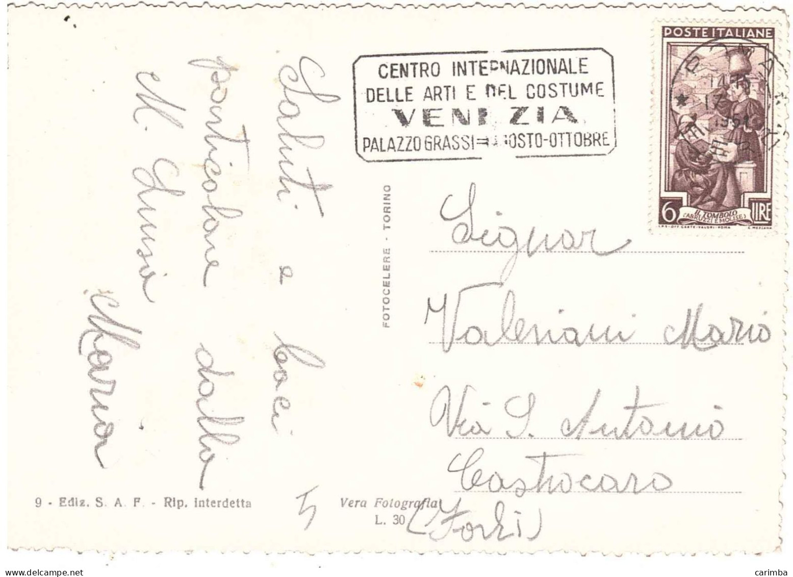 CARTOLINA ROMA ANNULLO TARGHETTA VENEZIA CENTRO ARTI E COSTUME - 1946-60: Storia Postale