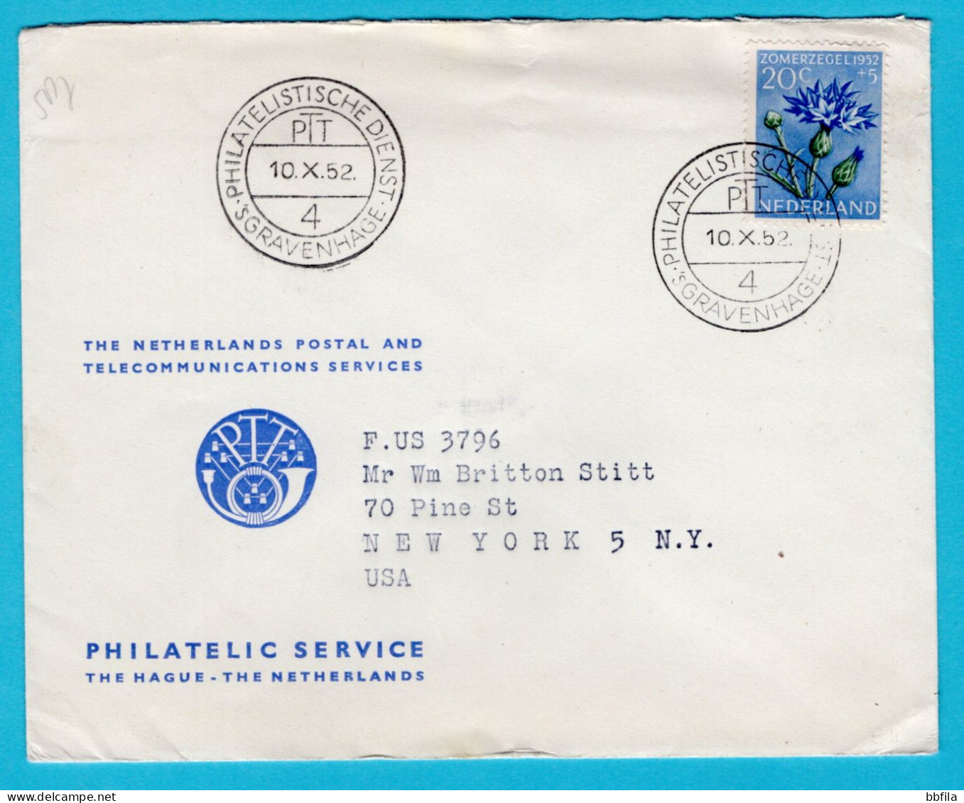 NEDERLAND Brief Philatelic Service 1952 's Gravenhage Naar New York USA Met Bloem -distel - Briefe U. Dokumente