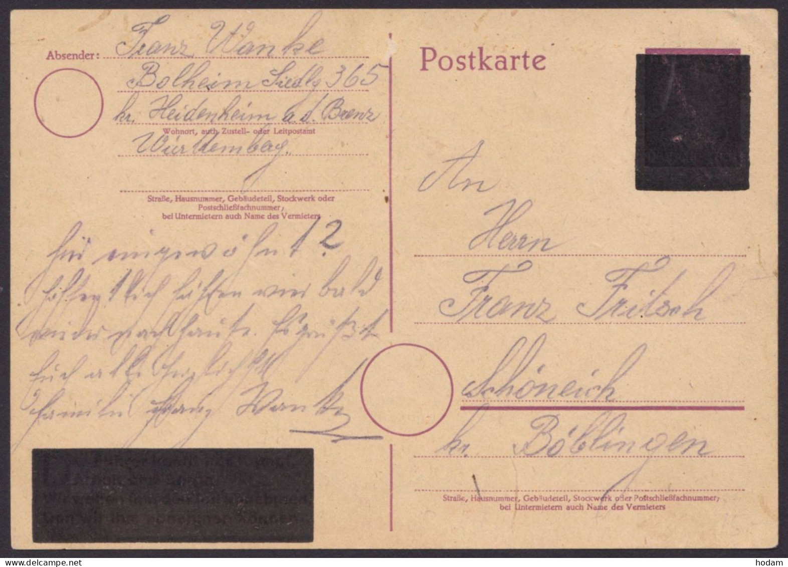 GS: P314 II, O, Wertzeichen Und Spruch Schwarz überdruckt, Bedarf "Bolheim", 20.5.47, Kein Poststempel - General Issues