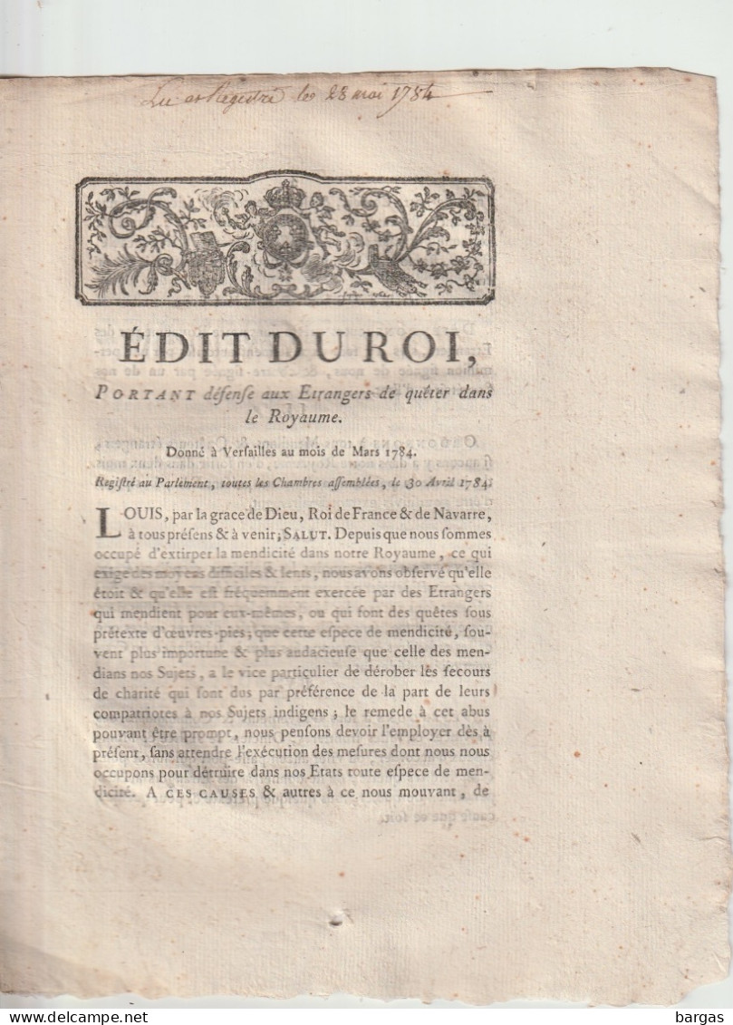 Edit Du Roi : Défense Aux étrangers De Queter Dans Le Royaume ( Mendicité ) - Décrets & Lois