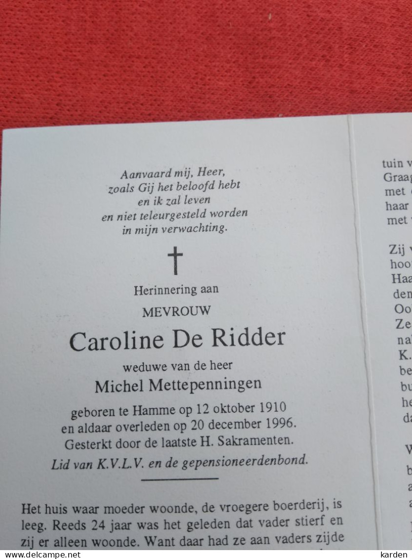 Doodsprentje Caroline De Ridder / Hamme 12/10/1910 - 20/12/1996 ( Michel Mettepenningen ) - Religion & Esotérisme