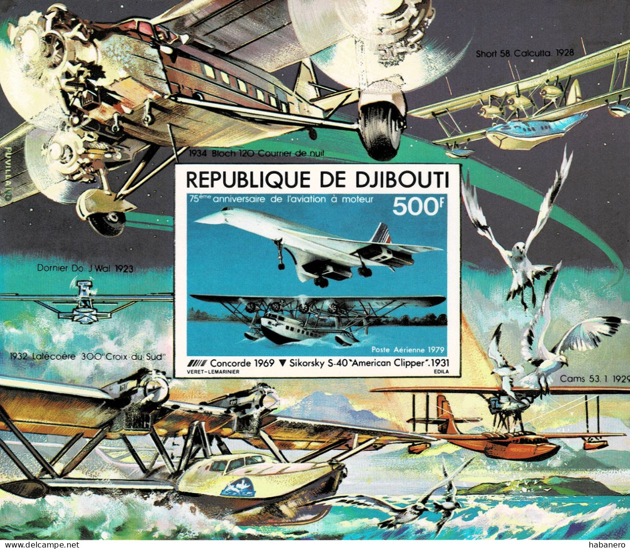 DJIBOUTI 1979 Mi BL 8B 75th ANNIVERSARY OF AIRPLANES MINT IMPERFORATED MINIATURE SHEET ** - Djibouti (1977-...)