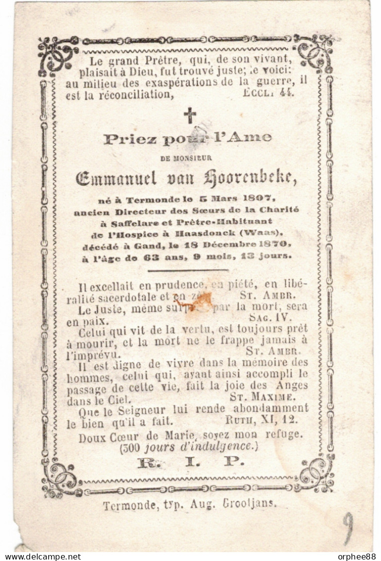 Van Hoorenbecke Emmanuel 1807-1870 Voorzitter Zusters Van Liefde Zaffelare, Haasdonk, Priester Pastoor - Overlijden