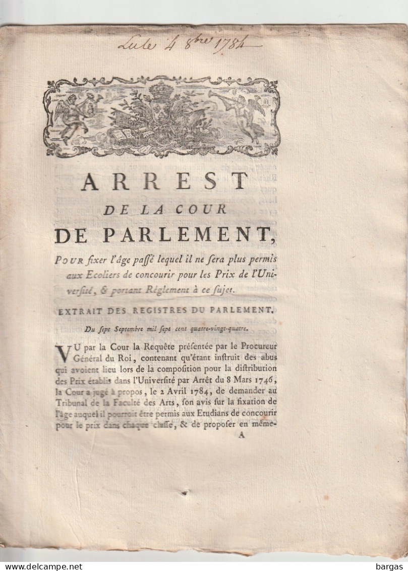 Arrest De La Cour De Parlement : éducation Enseignement - âge Prix De L'université - Wetten & Decreten