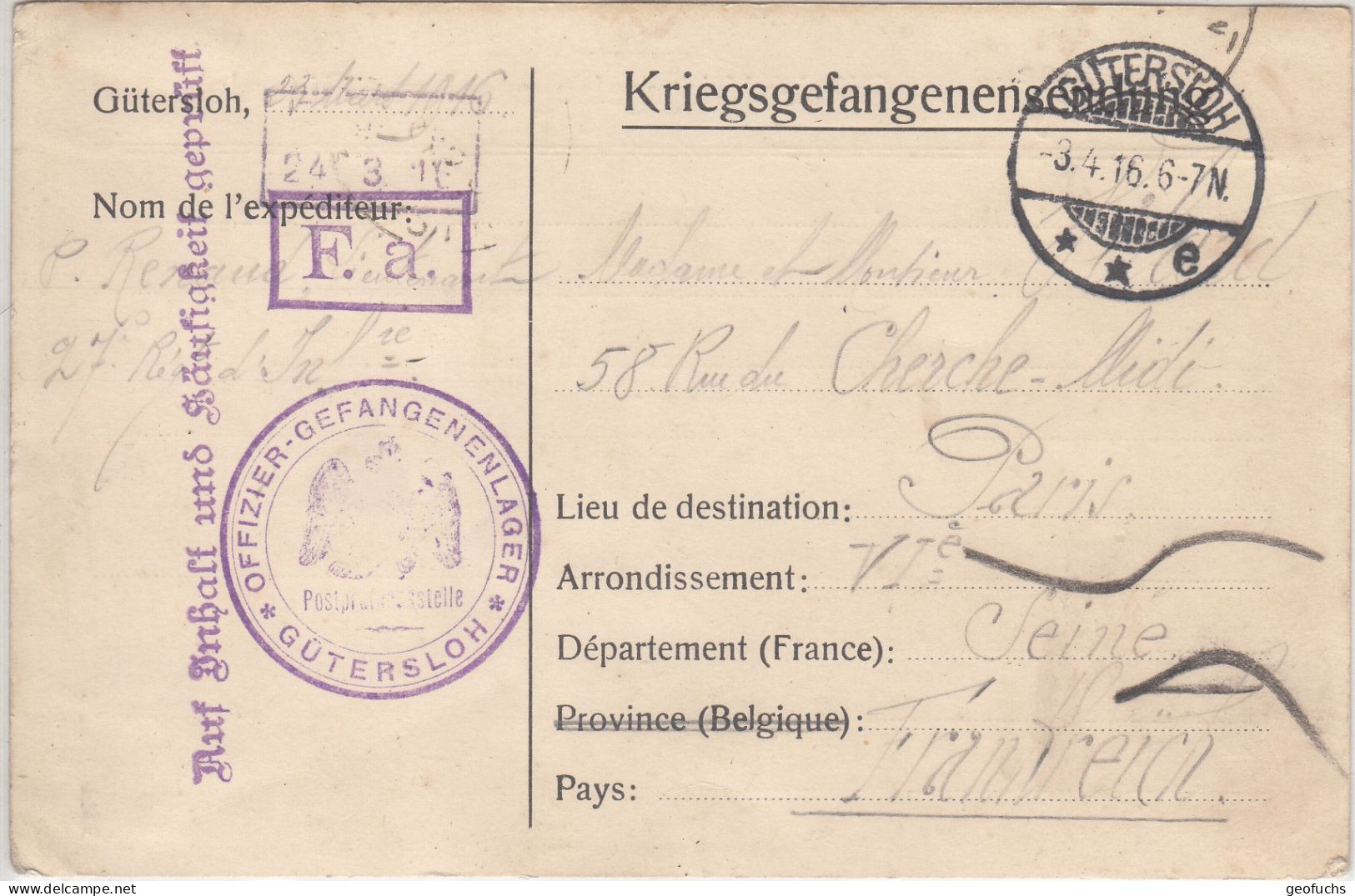 Carte Allemande En FM Pour Officier Français Prisonnier, Camp GÜTERSLOH (Westphalie), 3.4.16 - Guerra De 1914-18