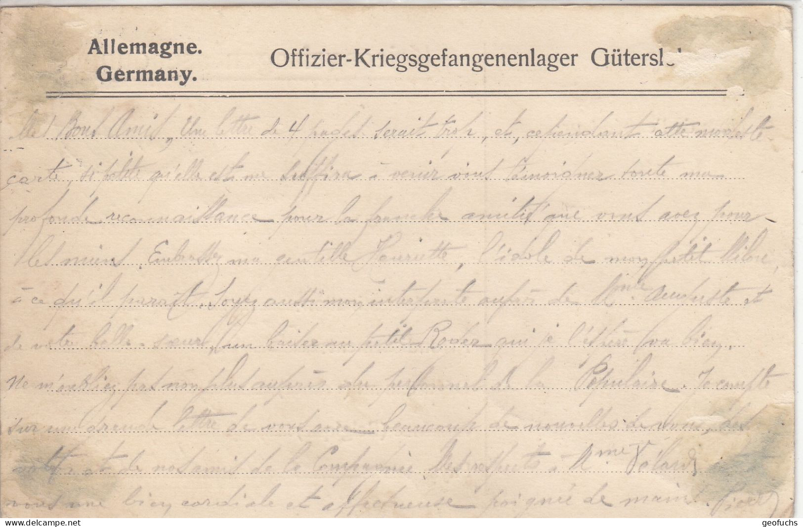 Carte Allemande En FM Pour Officier Français Prisonnier, Camp GÜTERSLOH (Westphalie), 3.4.16 - WW I