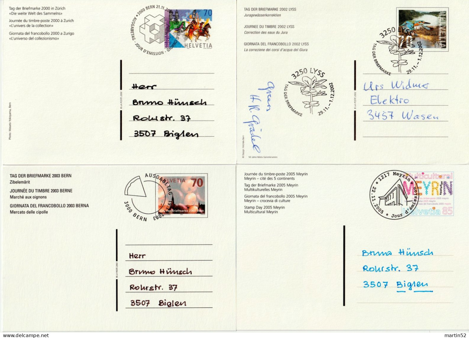 Schweiz Suisse 2000/2005: 4 Bild-PK 4 CPI Entier 4 PPC Stationeries TAG DER BRIEFMARKE - JOURNÉE DU TIMBRE Mit ET-⊙ - Dag Van De Postzegel