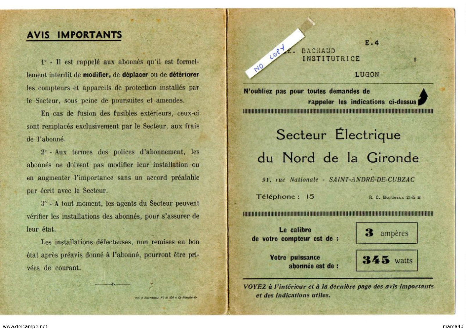 33 - SAINT ANDRE DE CUBZAC - DOCUMENT DU SECTEUR ELECTRIQUE DU NORD DE LA GIRONDE + AVIS PRIME POUR ECLAIRAGE - Documents Historiques