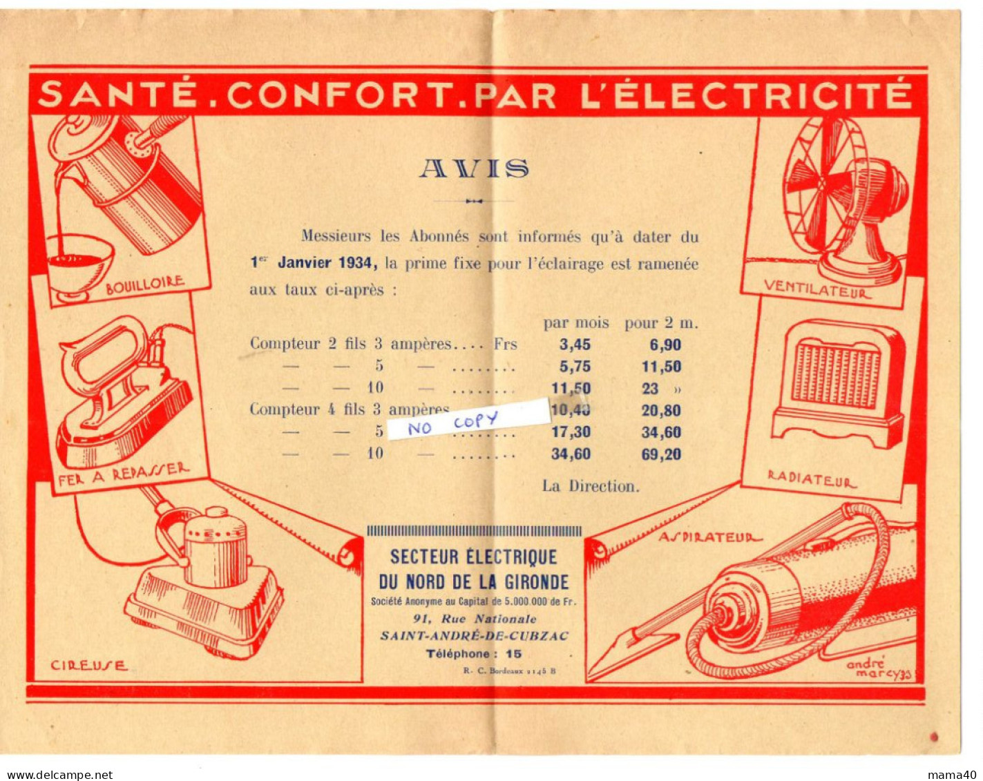 33 - SAINT ANDRE DE CUBZAC - DOCUMENT DU SECTEUR ELECTRIQUE DU NORD DE LA GIRONDE + AVIS PRIME POUR ECLAIRAGE - Documents Historiques