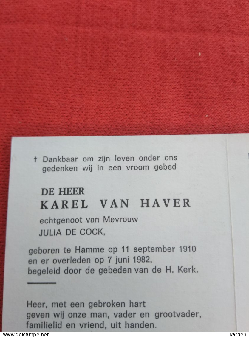 Doodsprentje Karel Van Haver / Hamme 11/9/1910 - 7/6/1982 ( Julia De Cock ) - Religion & Esotérisme