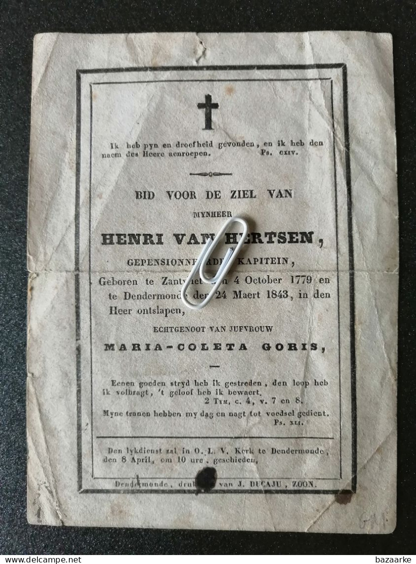 HENRI VAN HERTSEN ° ZANDVLIET 1779 + DENDERMONDE 1843 / MARIA COLETA JORIS /  GEPENSIONEERDEN KAPITEIN - Images Religieuses