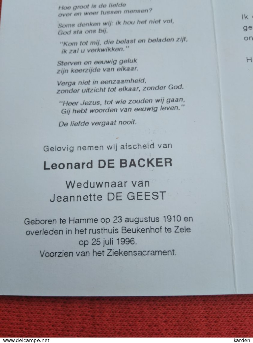 Doodsprentje Leonard De Backer / Hamme 23/8/1910 Zele 25/7/1996 ( Jeannette De Geest ) - Religion & Esotericism