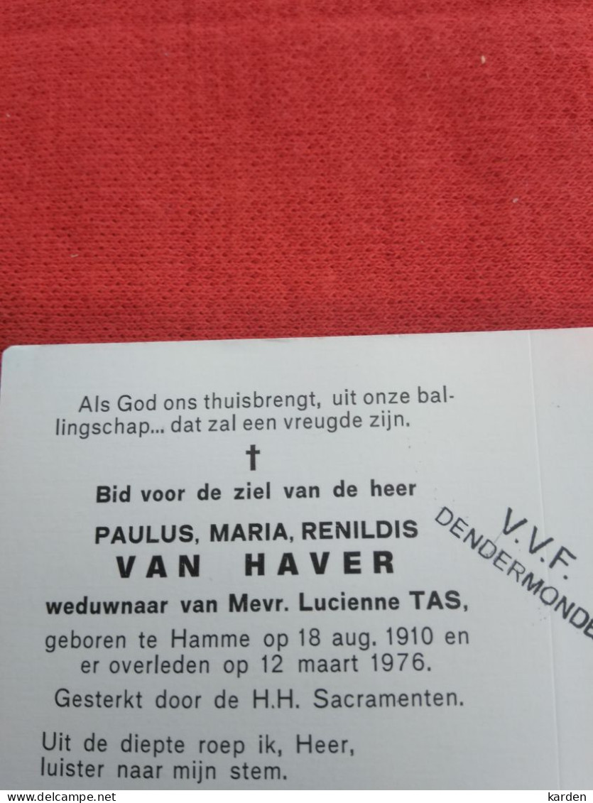 Doodsprentje Paulus Maria Renildis Van Haver / Hamme 18/8/1910 - 12/3/1976 ( Lucienne Tas ) - Religione & Esoterismo