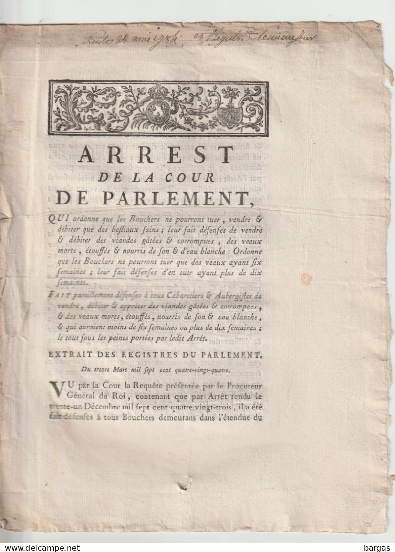 Arrest De La Cour De Parlement : Boucher Boucherie Cabaretier Aubergiste Viande - Decrees & Laws