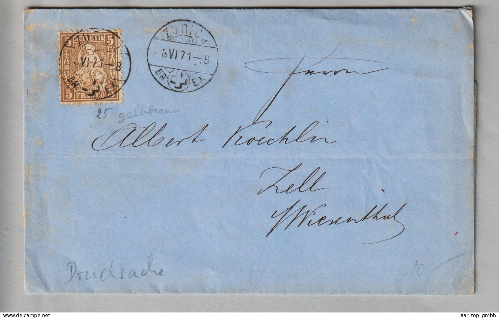 CH Sitzende Helvetia 1871-06-06 Zürich Drucksache Nach Zell Wiesenthal Mit 5Rp. Braun - Covers & Documents