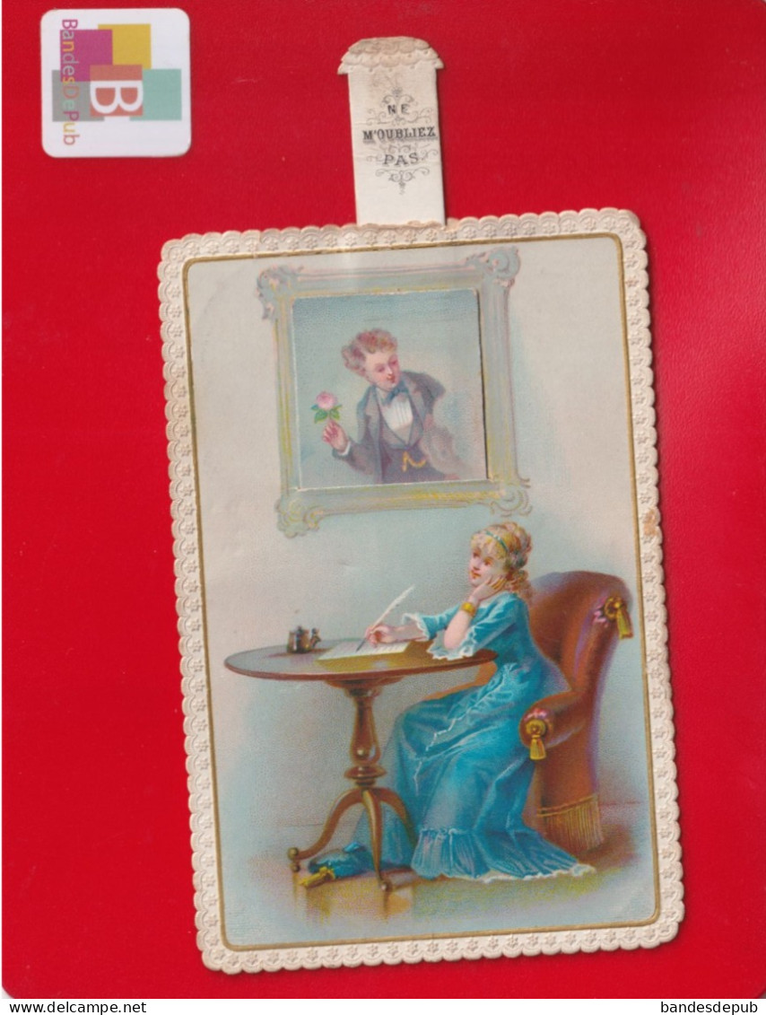 RARE Chromo Système Magie Jeune Fille écriture Lettre Plume Rêvant à Son Fiancé Tableau Tirette Ne M' Oubliez Pas ! - Autres & Non Classés