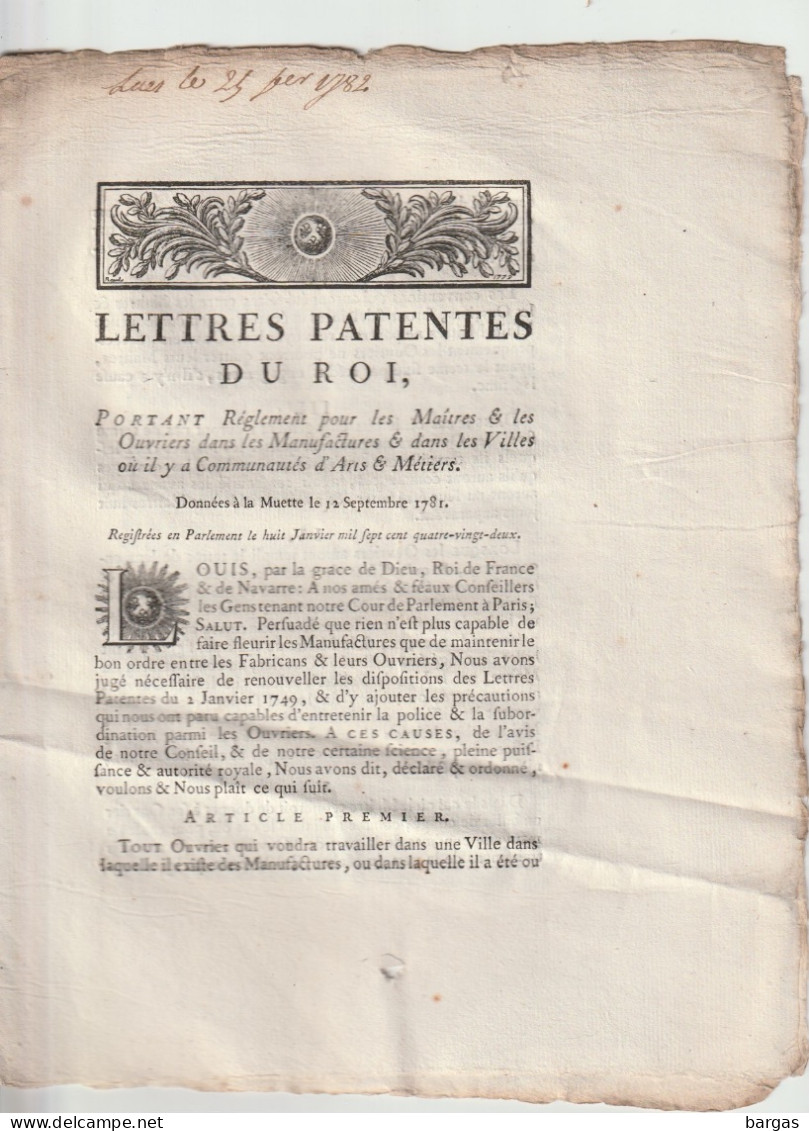 Lettres Patentes Du Roi : Réglement Pour Les Maitres , Ouvriers Dans Les Manufactures Et Les Villes ... - Wetten & Decreten