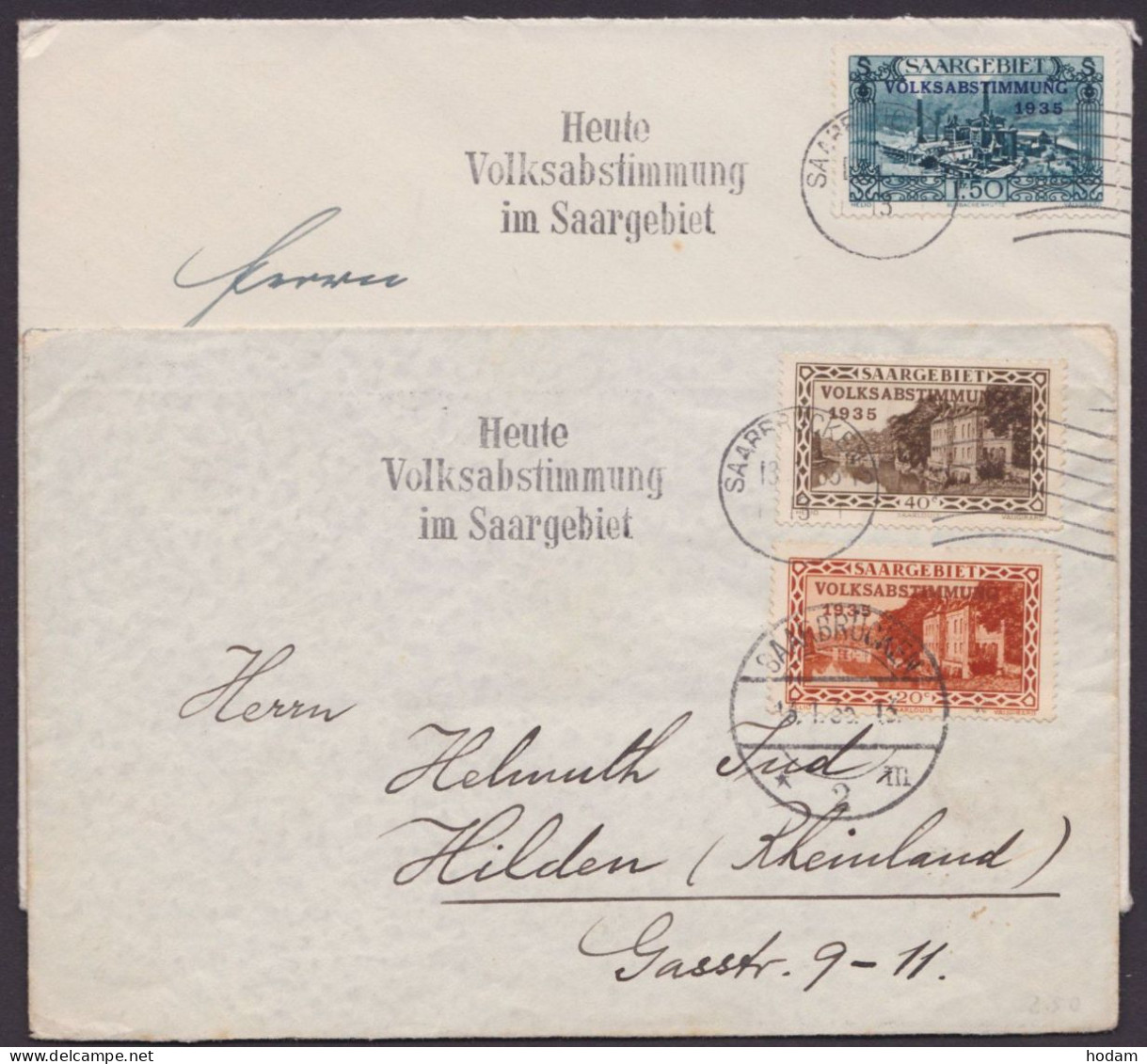 MiNr 181, 184, 190, "Volksabstimmung", 1935, EF Bzw. MiF Auf 2 Briefen, Pass. Stempel - Briefe U. Dokumente