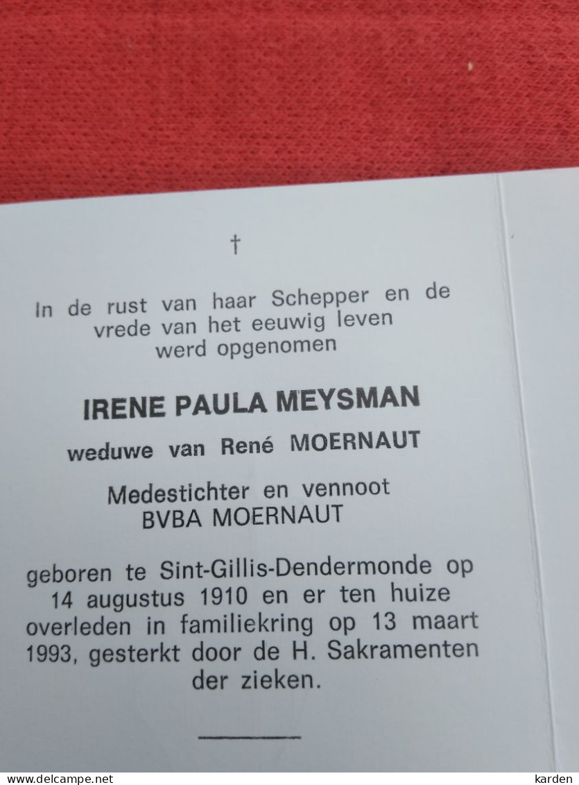 Doodsprentje Irene Paula Meysman / Sint Gillis Dendermonde 14/8/1910 - 13/3/1993 ( René Moernaut ) - Religión & Esoterismo