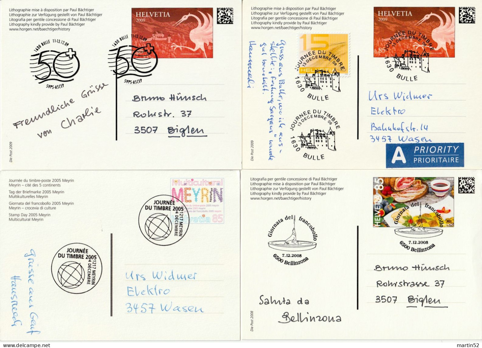 Schweiz Suisse 2005/2009: 4 Bild-PK 4 CPI Entier 4 PPC Stationeries TAG DER BRIEFMARKE - JOURNÉE DU TIMBRE Mit EXPO-⊙ - Dag Van De Postzegel