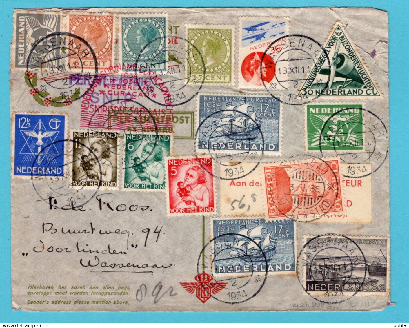 NEDERLAND SNIP Kerst Luchtpost Brief 1934 Wassenaar Naar Curaçao En Retour - Cartas & Documentos