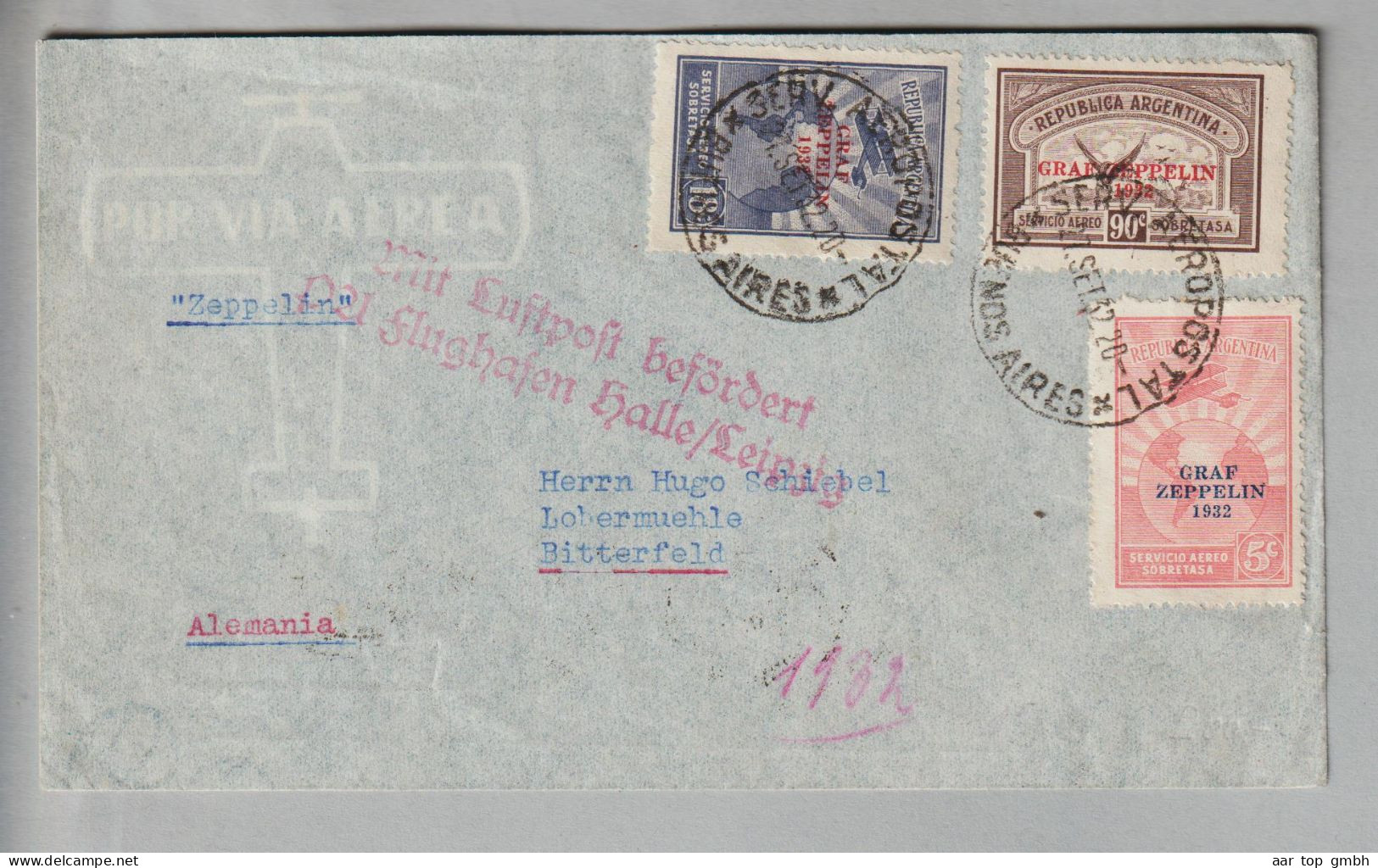 Argentinien 1932-09-27 Buenos Aires Zeppelin-Luftpostbrief Nach Bitterfeld Mit Mi#384-6 - Briefe U. Dokumente