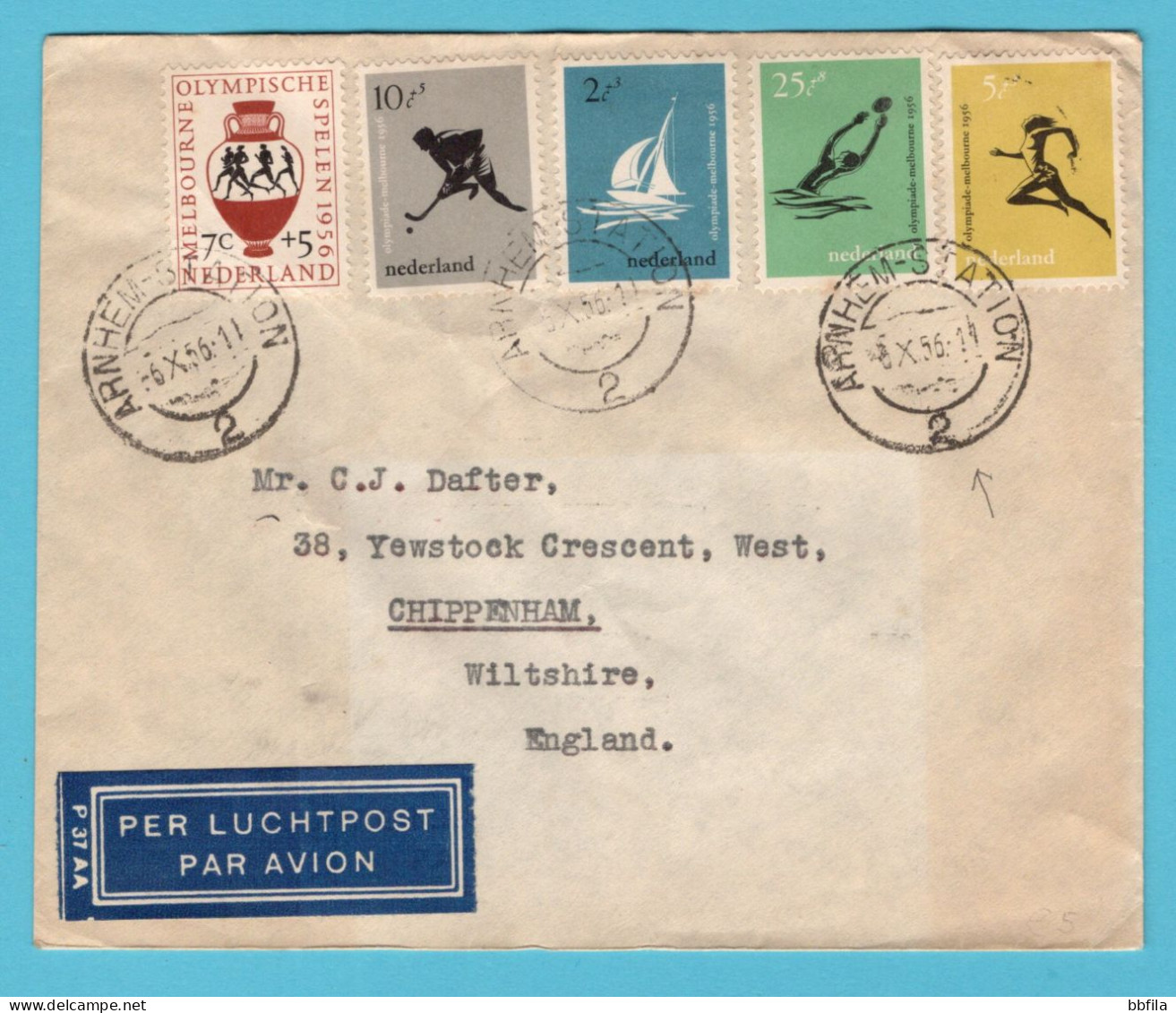 NEDERLAND Luchtpost Brief 1956 Arnhem Naar Chippenham, England Met Olympiade Set - Lettres & Documents