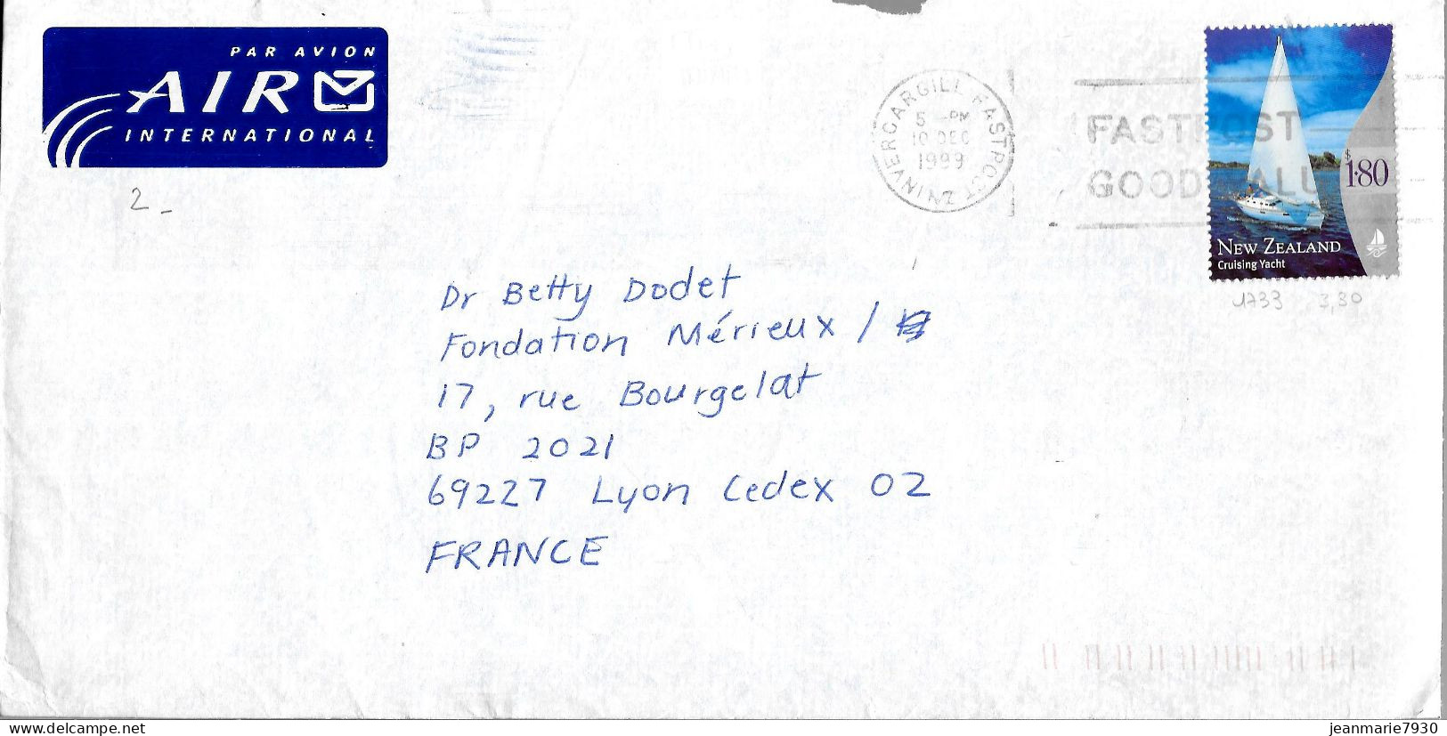 H309 - NOUVELLE ZELANDE - LETTRE DU 10/12/99 POUR LYON FRANCE - Briefe U. Dokumente