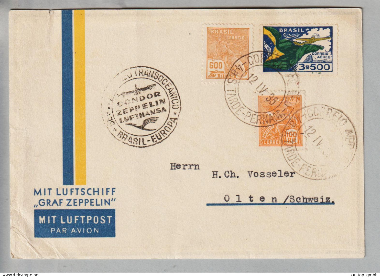 Brasilien 1935-04-12 Tarde-Pernam Condor-Zeppelin Karte "Graf Zeppelin" Nach Olten - Cartas & Documentos