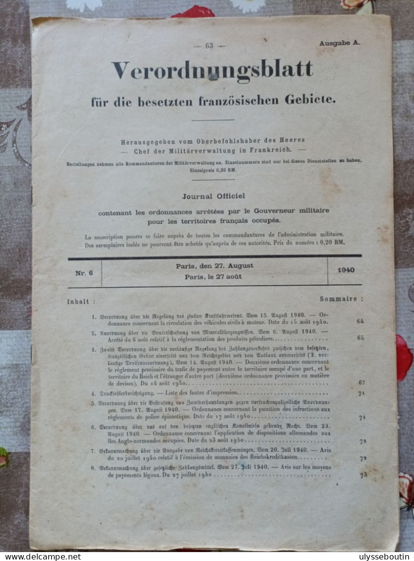 39/45 Verordnungsblatt Des Militärsbefehlshaber In Frankreich. Journal Officiel Du 27 Août 1940 - Documentos