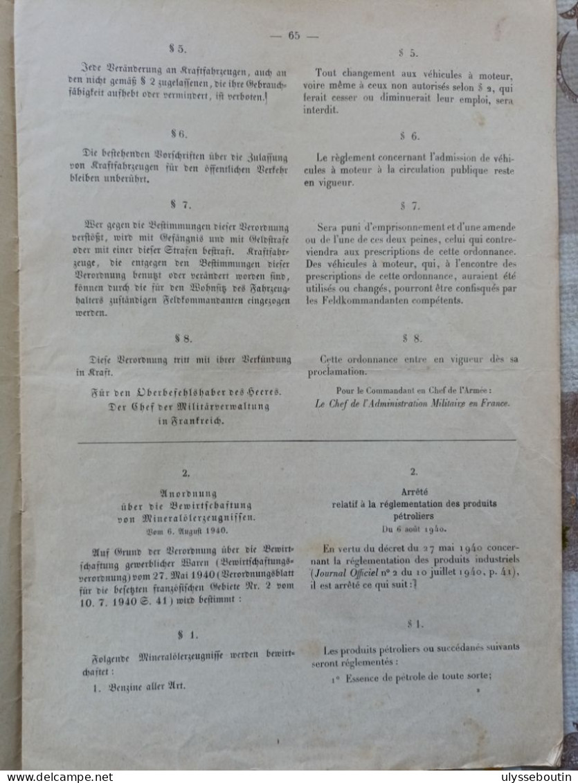 39/45 Verordnungsblatt Des Militärsbefehlshaber In Frankreich. Journal Officiel Du 27 Août 1940 - Documentos