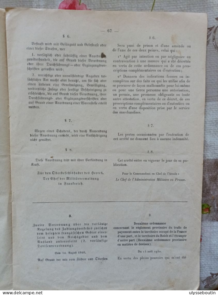 39/45 Verordnungsblatt Des Militärsbefehlshaber In Frankreich. Journal Officiel Du 27 Août 1940 - Documents