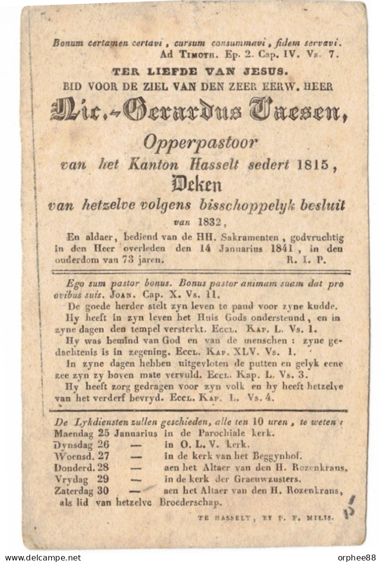 Vaesen Nicolas- Gerardus Priester Pastoor Deken Hasselt 1768-1841 - Esquela