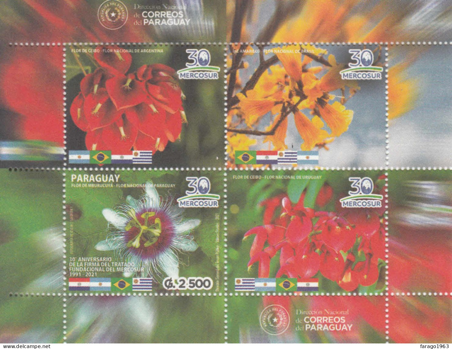 2021 Paraguay MERCOSUR National Flowers Flags Souvenir Sheet MNH - Paraguay