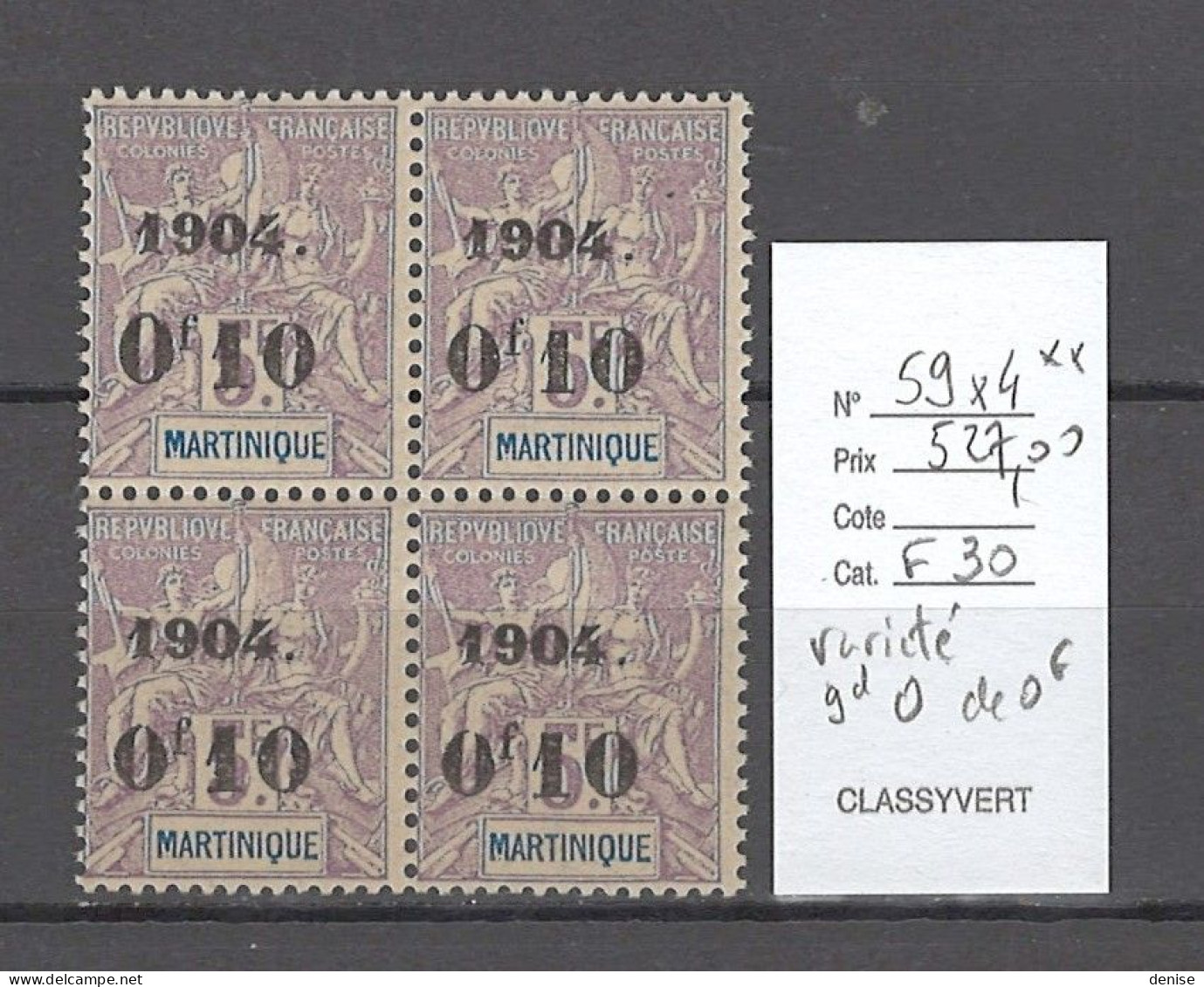 Martinique - Yvert 59 - Bloc De 4** - VARIETE GRAND 0 Dans 0F10 - Unused Stamps