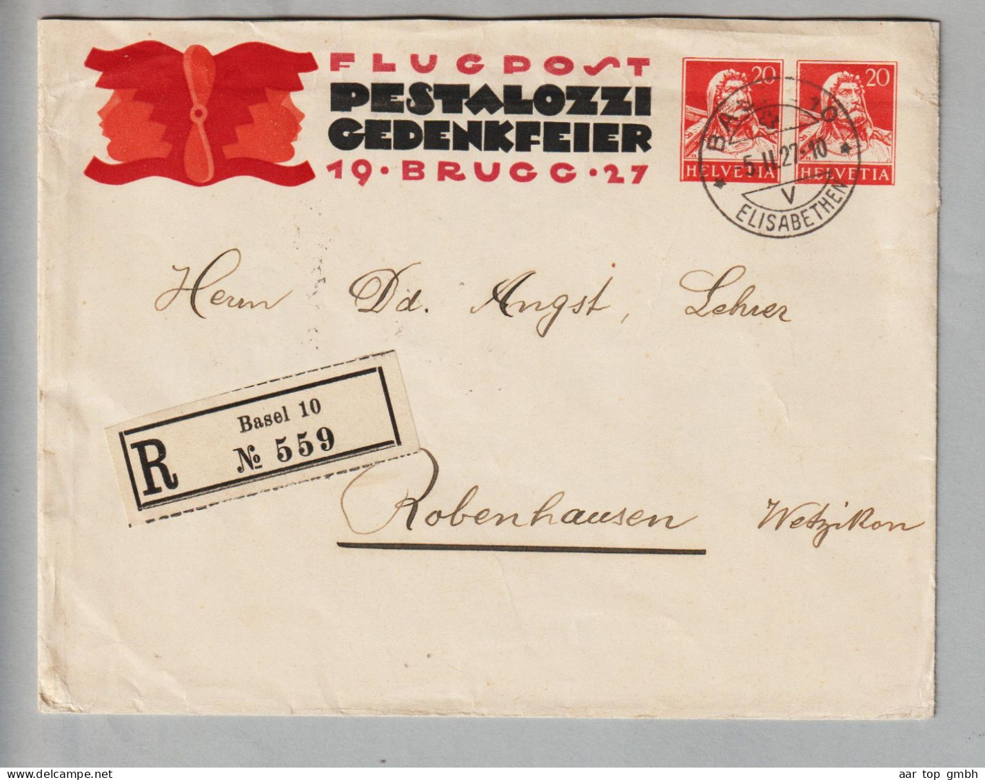 CH Ganzsache Flugpost Brugg 1927-02-05 Basel R-Brief Illustriert Mit Eindruck 2x20Rp. Tellbrust - Stamped Stationery