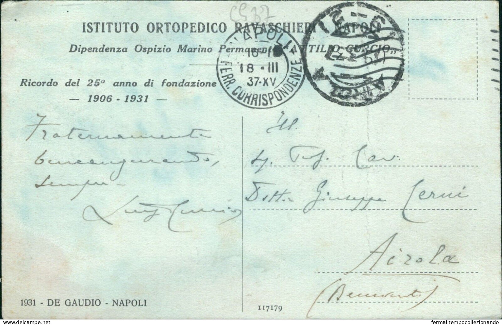 Cs87 Cartolina Istituto Ortopedico Ravaschieri Napoli Ricordo Fondazione 1906-31 - Napoli (Neapel)