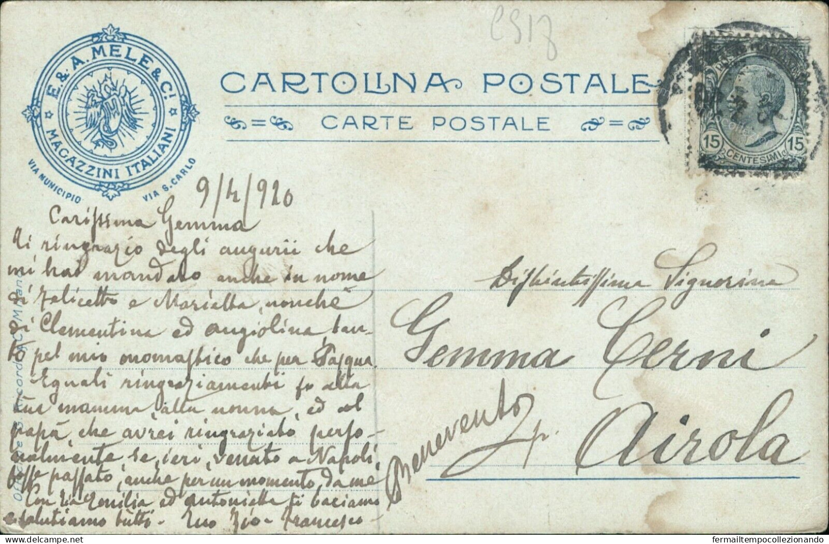 Cs18 Cartolina Pubblicitaria Napoli Magazzini Mele 1926 - Napoli (Naples)