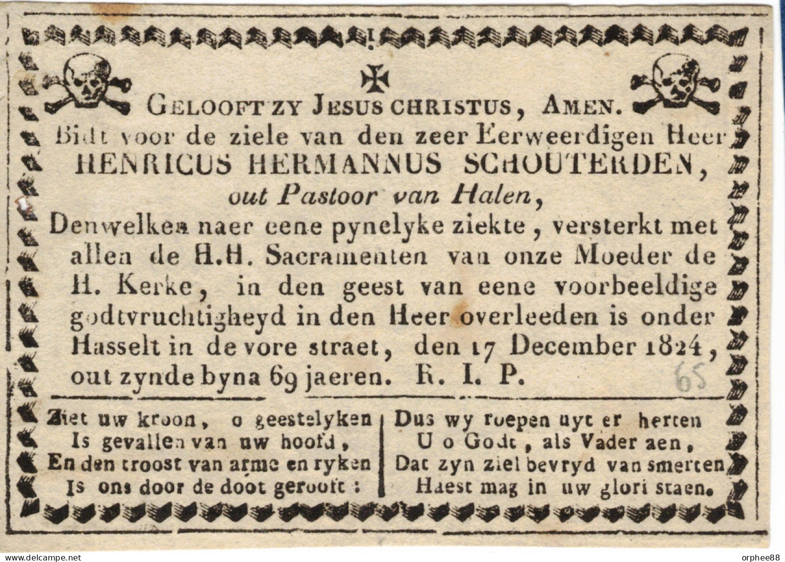 Schouterden Henricus Priester Pastoor Halen 1756-1824 Gravure Anversoise Jacobus De Man - Obituary Notices