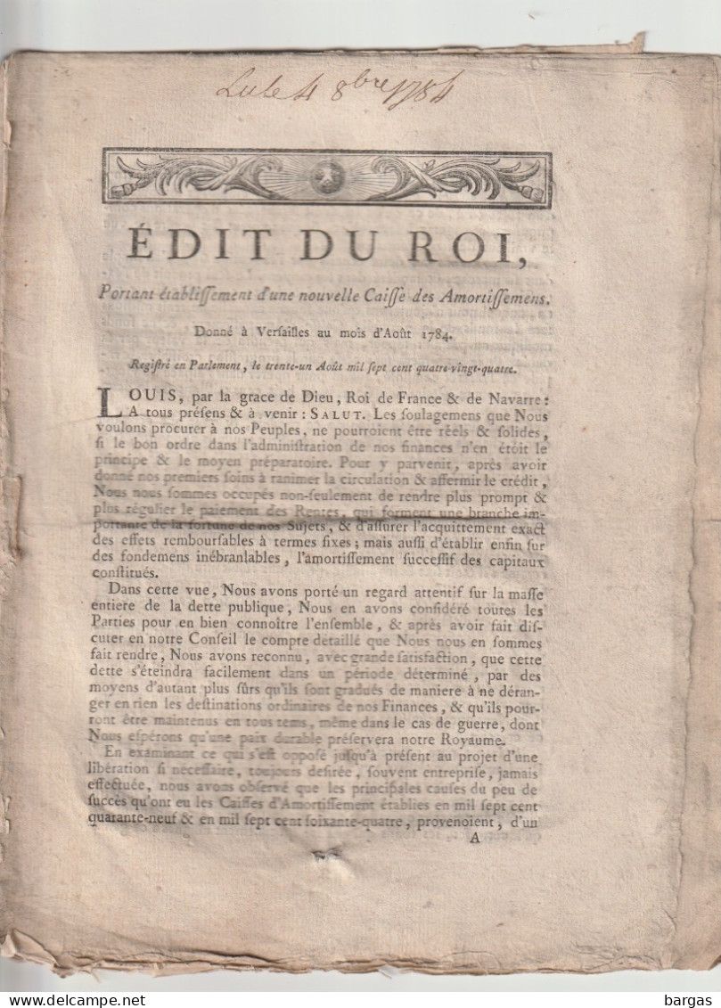 Edit Du Roi : Nouvelle Caisse D'amortissement - Décrets & Lois