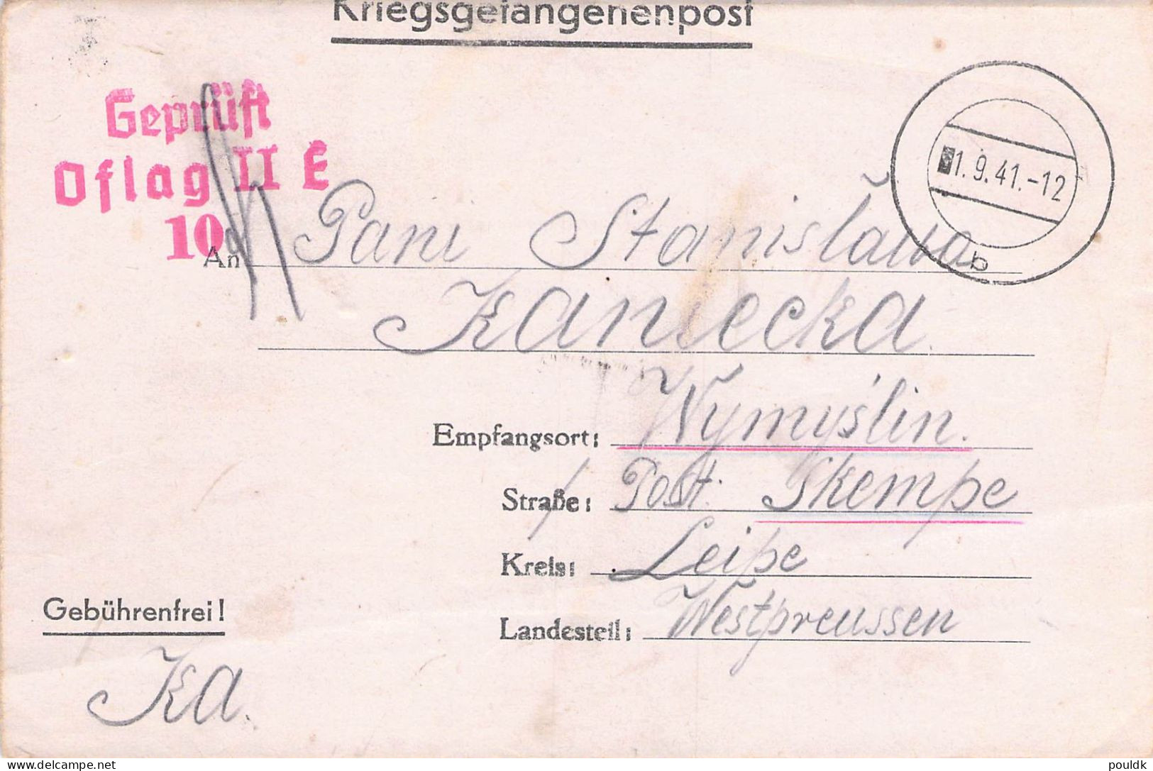 Polish Prisoner Of War Letter From Germany, Oflag II E Located Neubrandenburg Posted 1.9.1941. Postal Weight Approx 40 G - Militaria