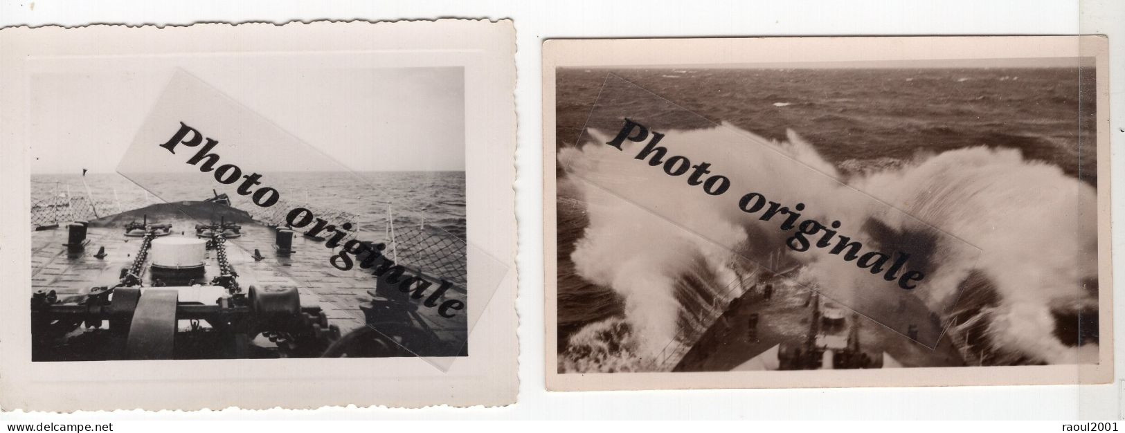 Lot 2 Photos Originales - Bateau Navire De Guerre Cuirassé Destroyer Torpilleur ? - Tempête Et Calme En Pleine Mer - Oorlog, Militair