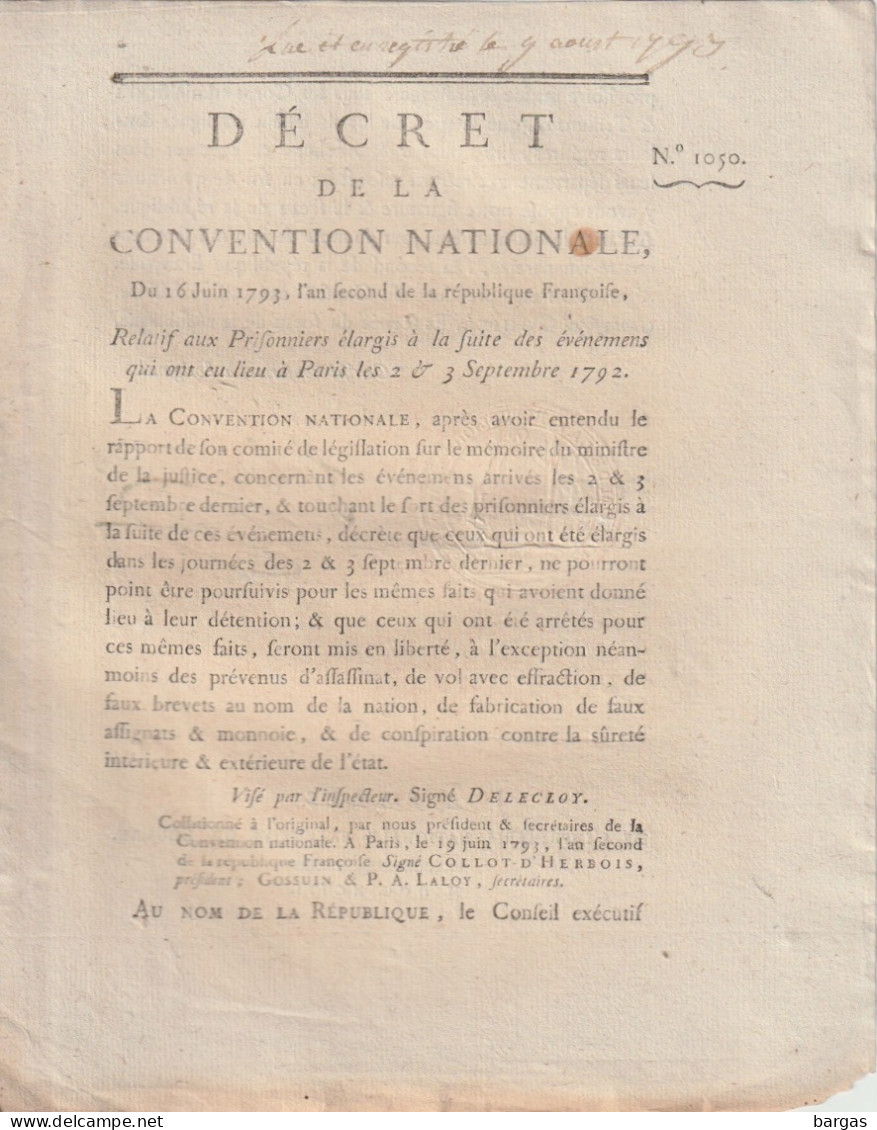 DECRET DE LA CONVENTION NATIONALE : Relatif Aux Prisonniers - Decrees & Laws